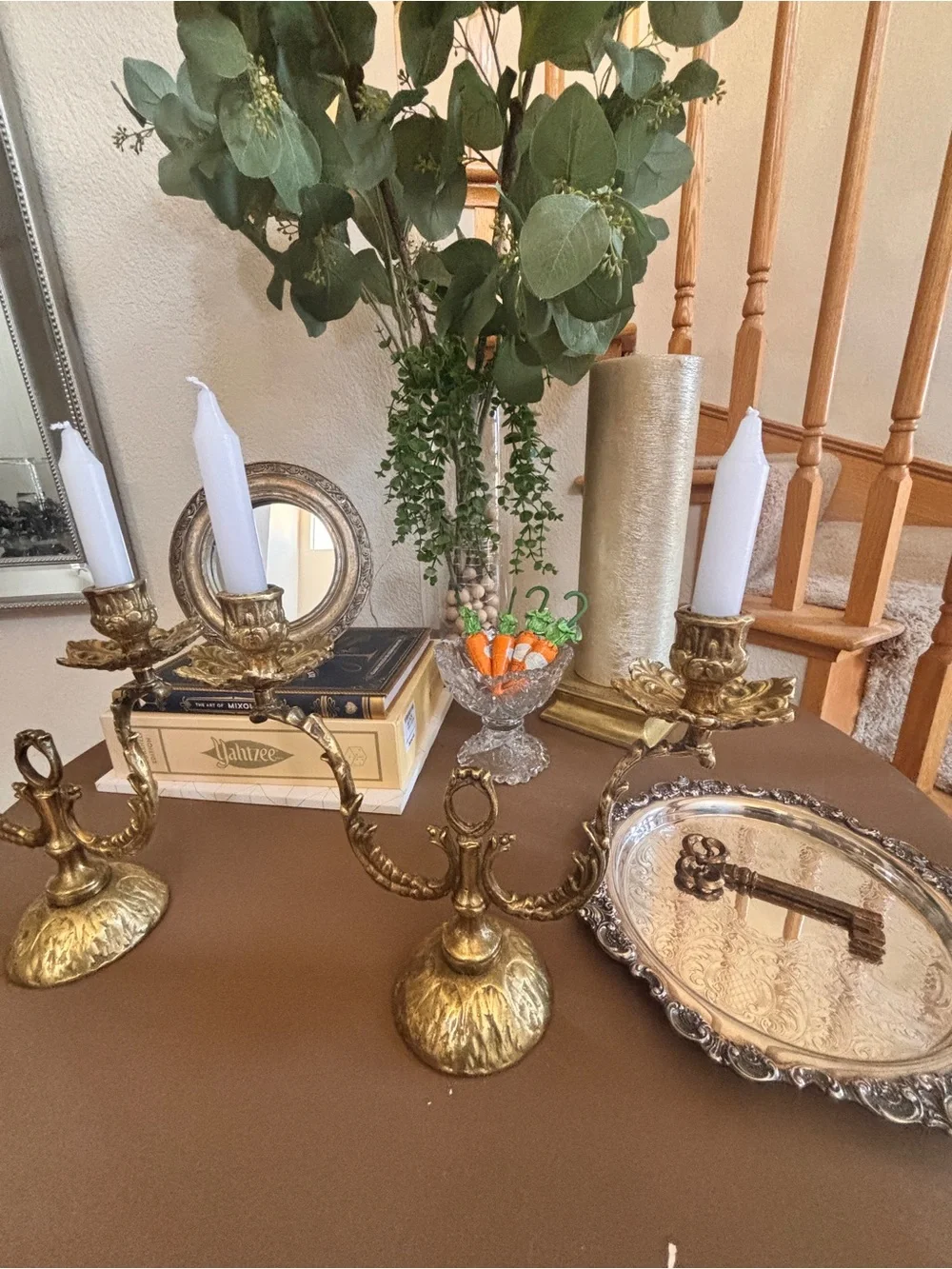 Ornate Gold Brass Double-Arm Candle Holders - Pair